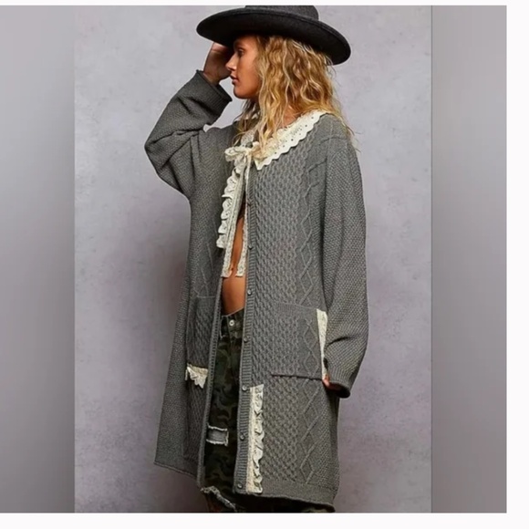 Pol “Cher 2” POL Long Sleeve V-Neck Cardigan with Varied Cable knit Patterns 84 - Picture 2 of 3